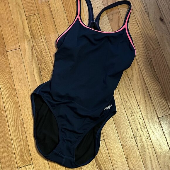 DOLPHIN ONE PIECE Racerback SWIMSUIT Swimwear Dark blue with Pink Trim Size 14 - Picture 1 of 1